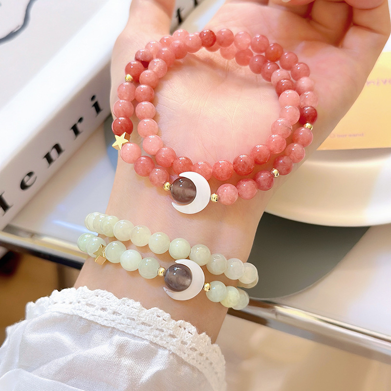 "Moon Chasing You" Double-Wrap Sunstone & Xiuyu Jade Bracelet - Romantic Shell Moon Charm Jewelry