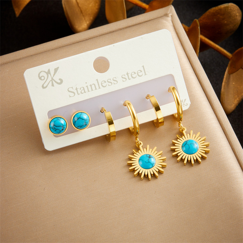 3-Piece Vintage Turquoise Earring Set - Gold Plated Stainless Steel