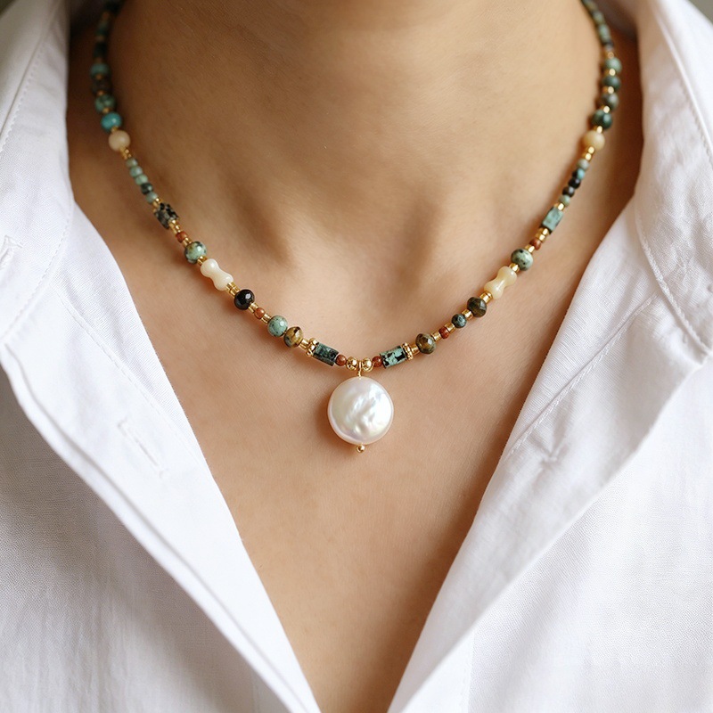 African Turquoise & Baroque Pearl Necklace | Trendy Collarbone Chain