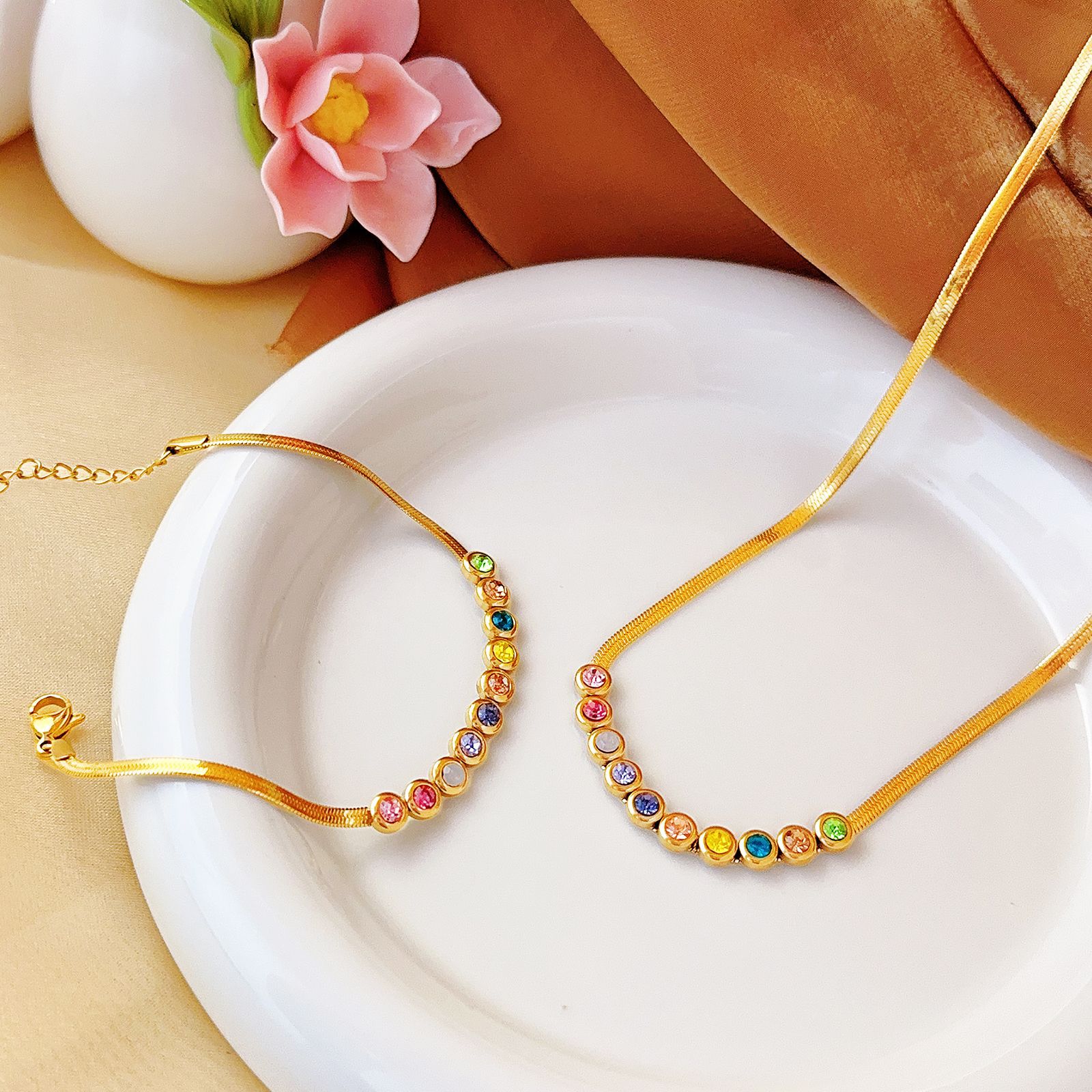 Colorful Rhinestone Flat Snake Chain Set - Premium Titanium Steel Gold Necklace & Bracelet for Women