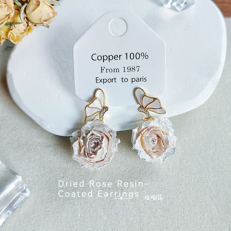 925 Sterling Silver Preserved Flower Earrings - Real Dried Floral & Butterfly Studs