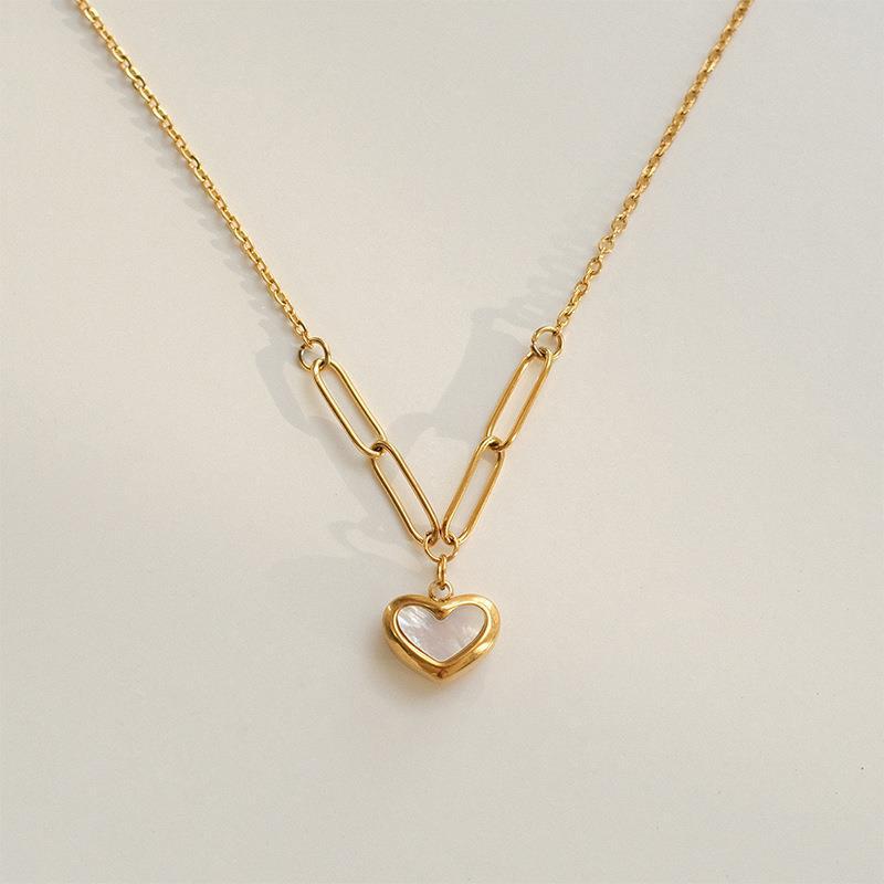 18K Gold Plated White Shell Heart Necklace Set - Titanium Steel Chain with Genuine Mother of Pearl Pendant