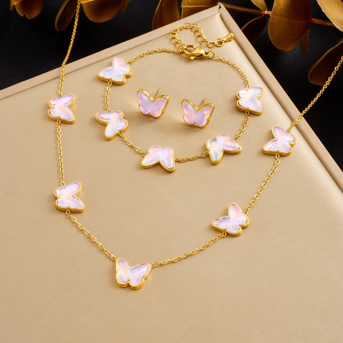 Jelly Pink Butterfly Jewelry Set - Gold Plated Stainless Steel Necklace, Earrings & Bracelet