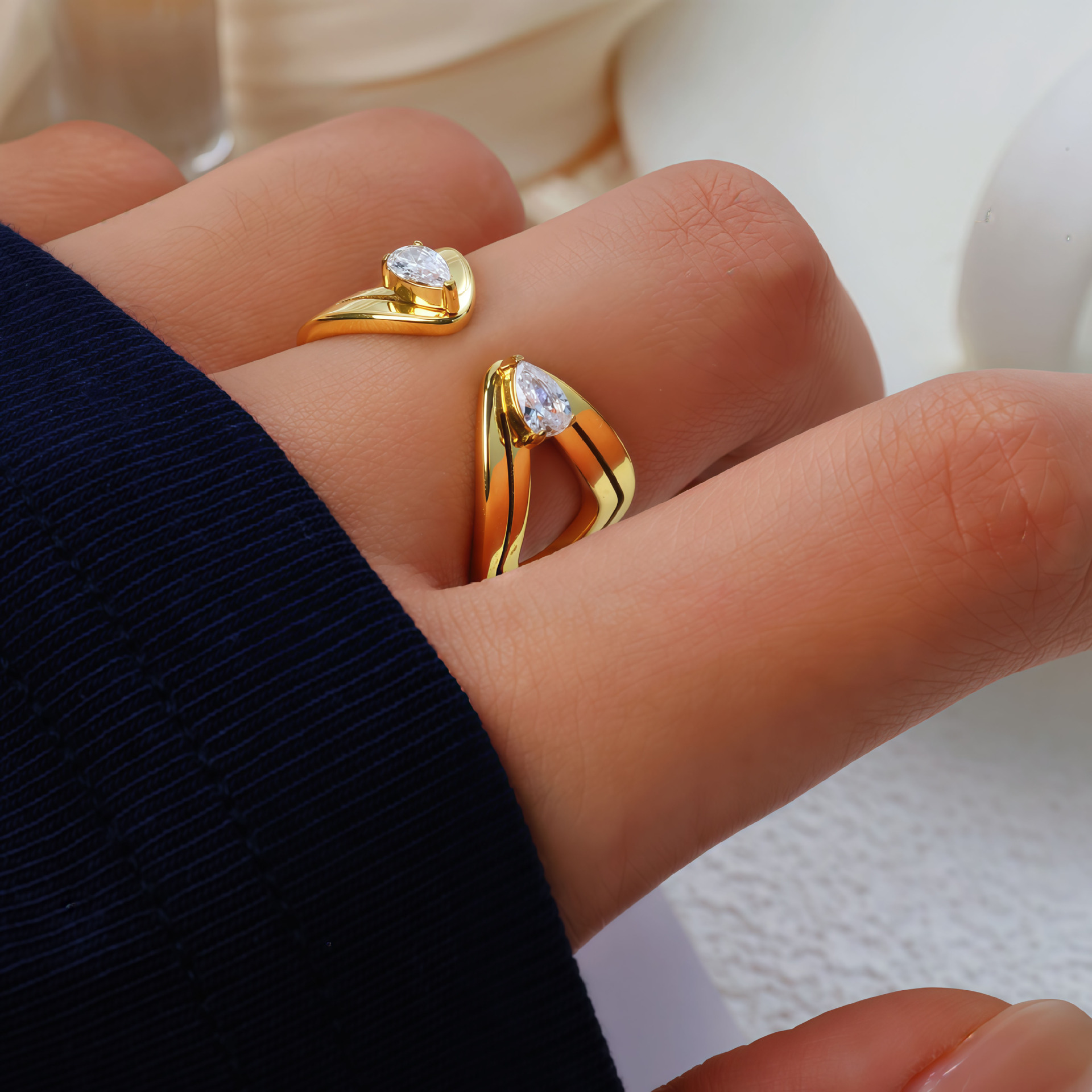 Double Teardrop Zircon Open Ring - Elegant Dual-Stone Adjustable Band in Gold or Silver Tone