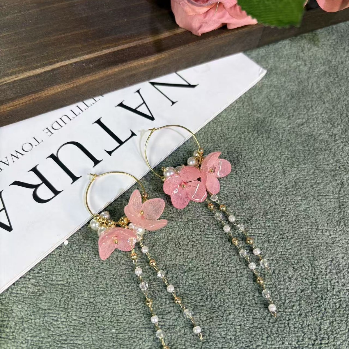 Handmade Hydrangea Resin Hoop Earrings - Dried Flower Tassel Drop Earrings