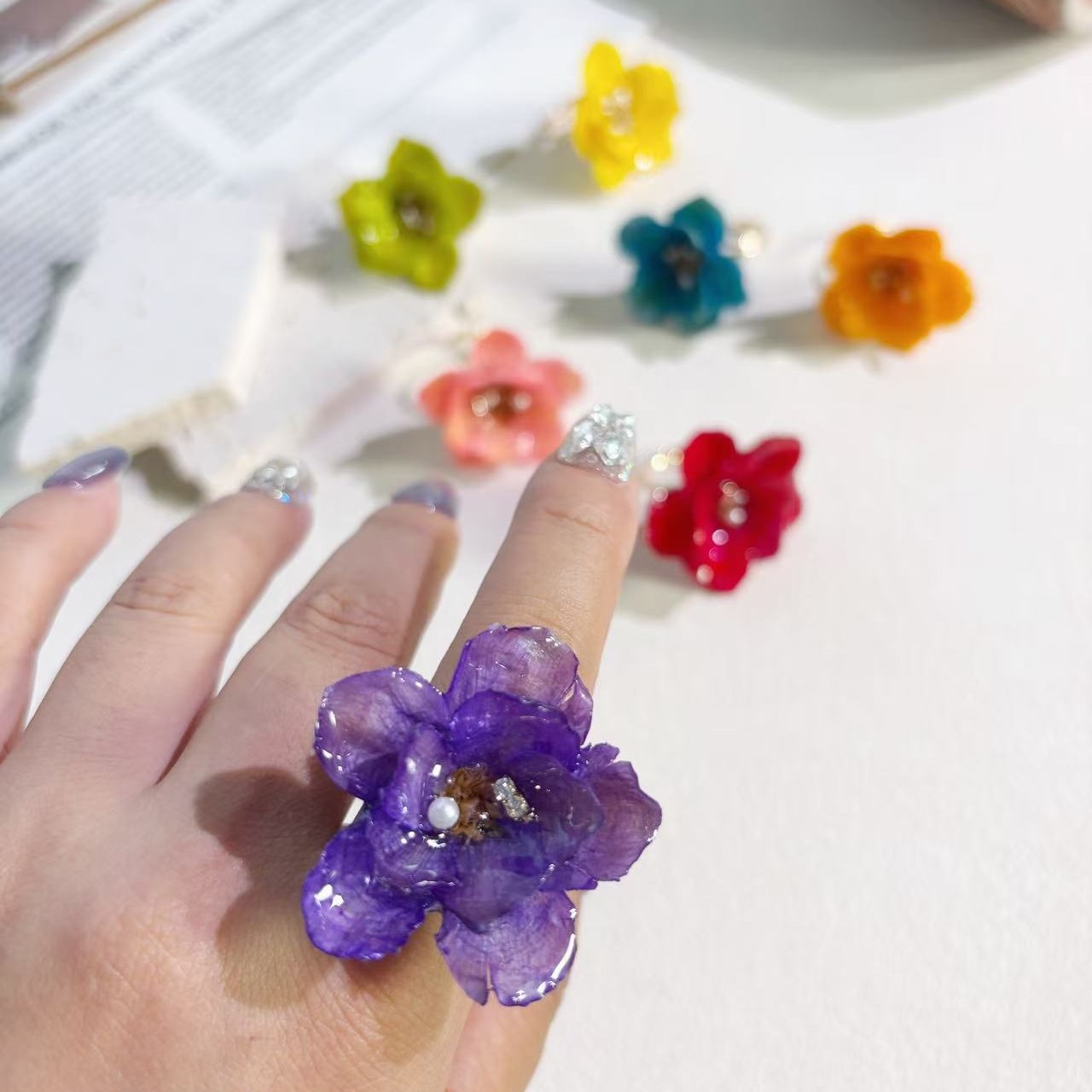 Enamel Silver Bell Flower Ring in Assorted Colors
