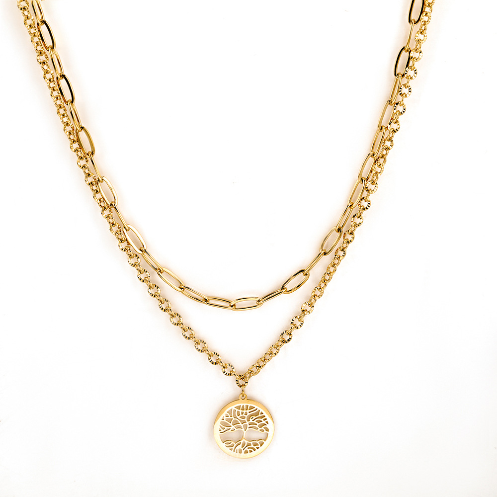 Layered Geometric Tree of Life Necklace - Gold Tone Stainless Steel Hip Hop & Minimalist Pendant