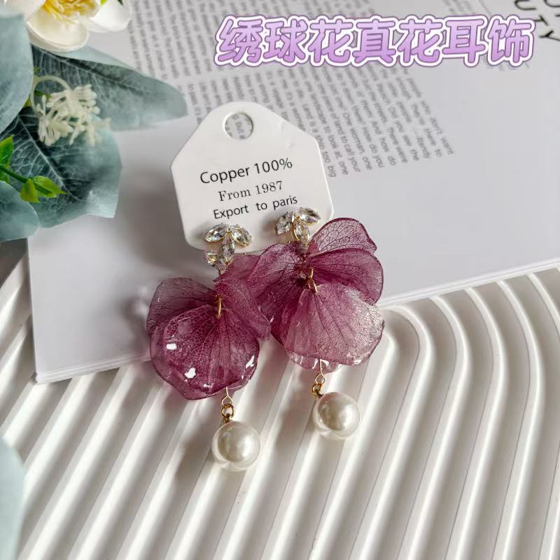 French Style Hydrangea Petal Tassel Earrings - Real Flower Long Drop Jewelry