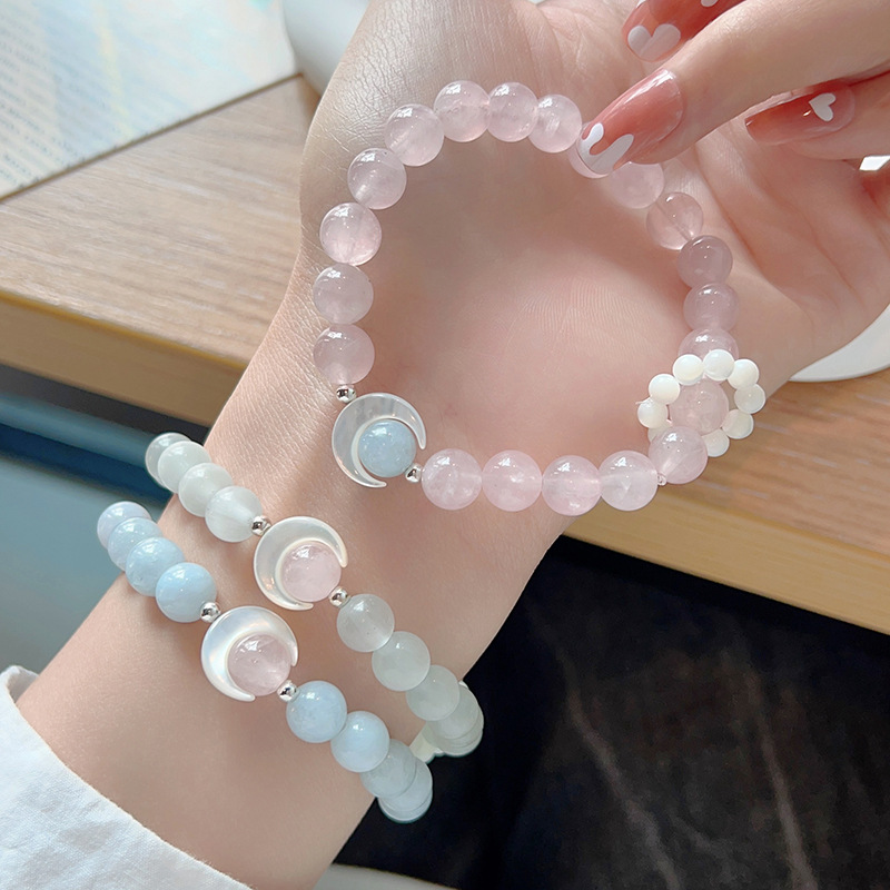 Celestial Moonlight Beaded Bracelet - Natural Cat's Eye, Aquamarine & Rose Quartz Jewelry with Moon Charm