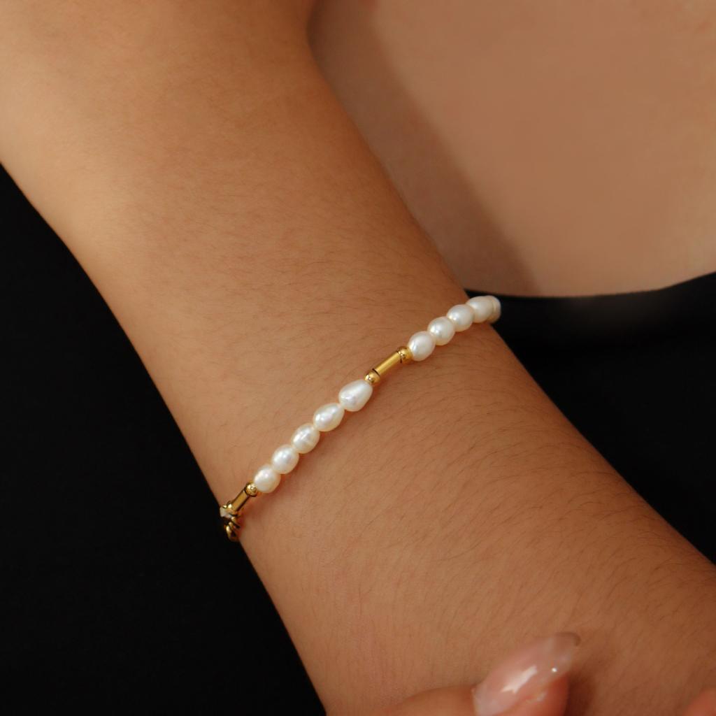 Baroque Pearl & Chain Bracelet - Gold Tone Titanium Steel Link for Best Friends