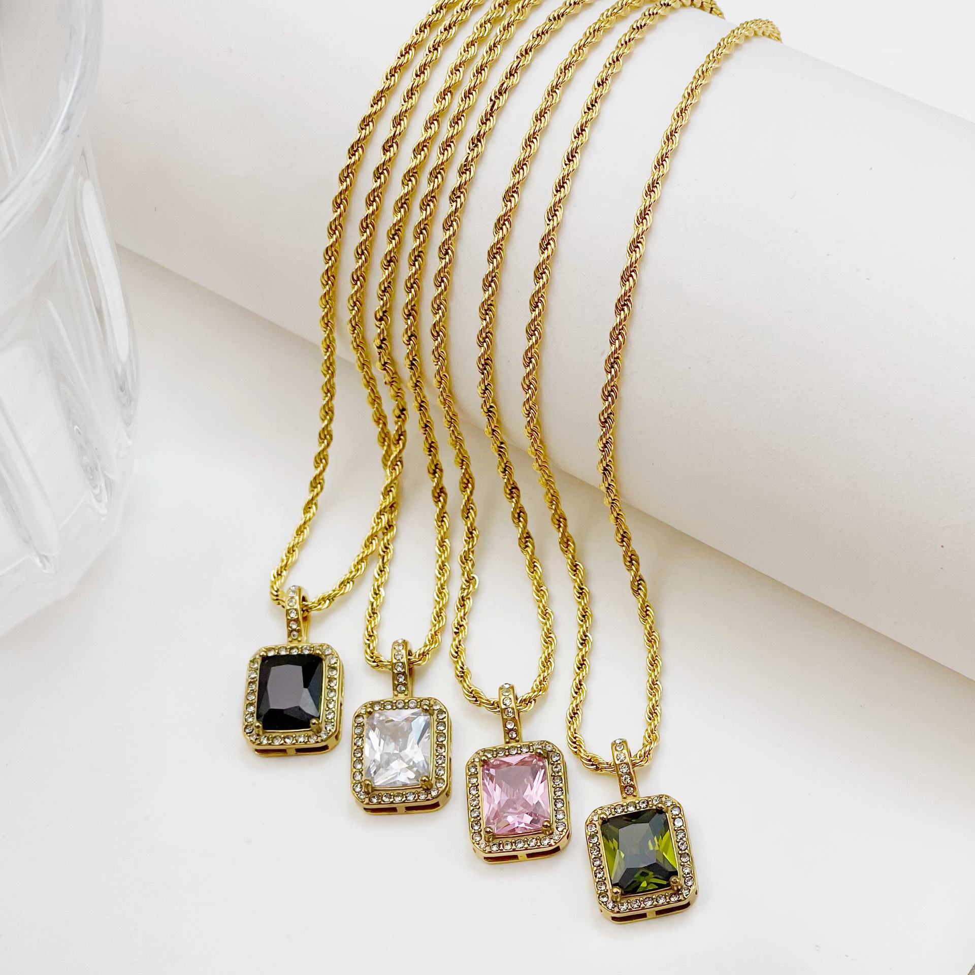 18K Gold Plated Stainless Steel Twisted Square CZ Necklace