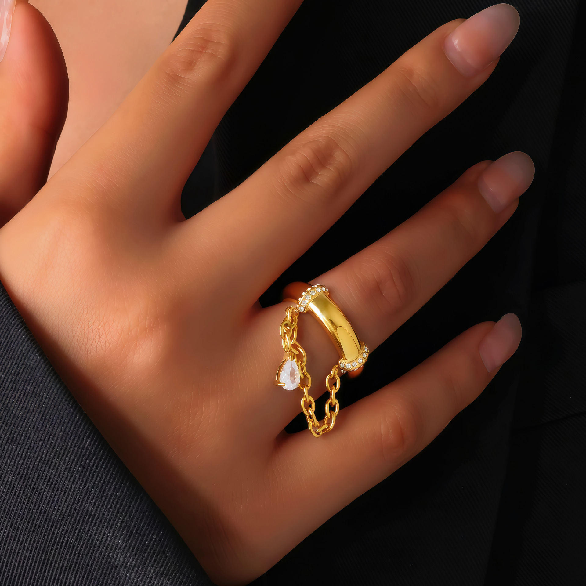 Ethereal Teardrop Chain Ring - Sparkling Zircon & Delicate Link Design in Gold or Steel Tone