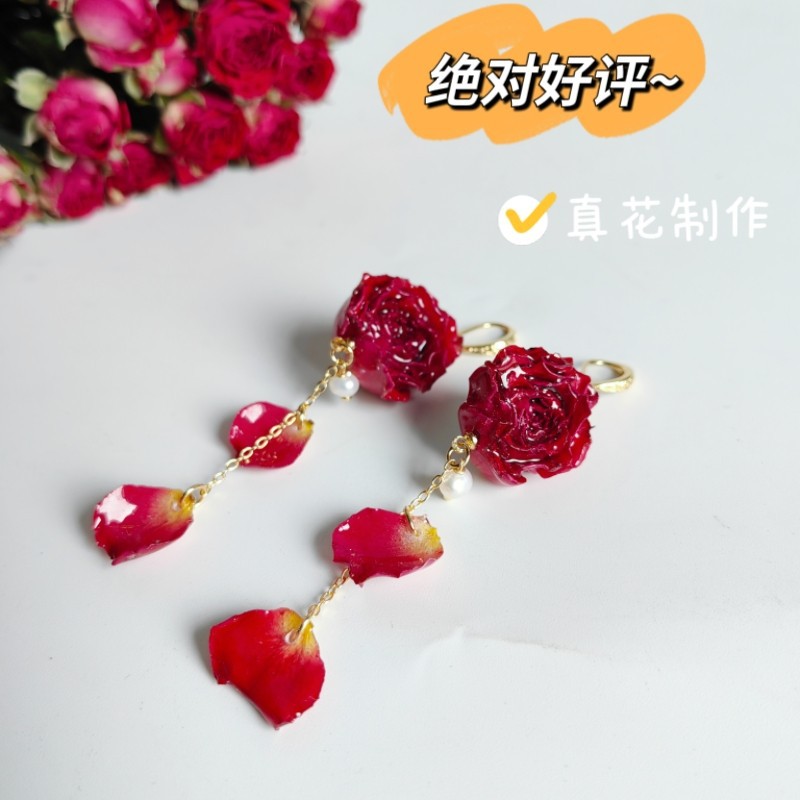 Handmade Resin Rose Petal Drop Earrings - Long Dangle Floral Jewelry