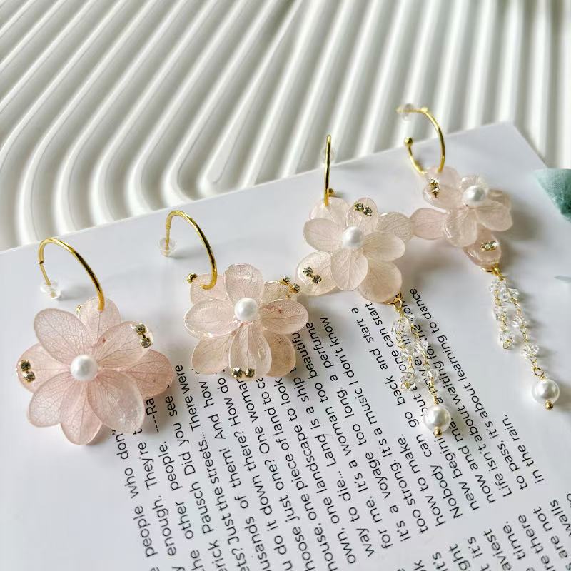 Hydrangea Floral Hoop Earrings - Handmade Resin & Tassel Drops