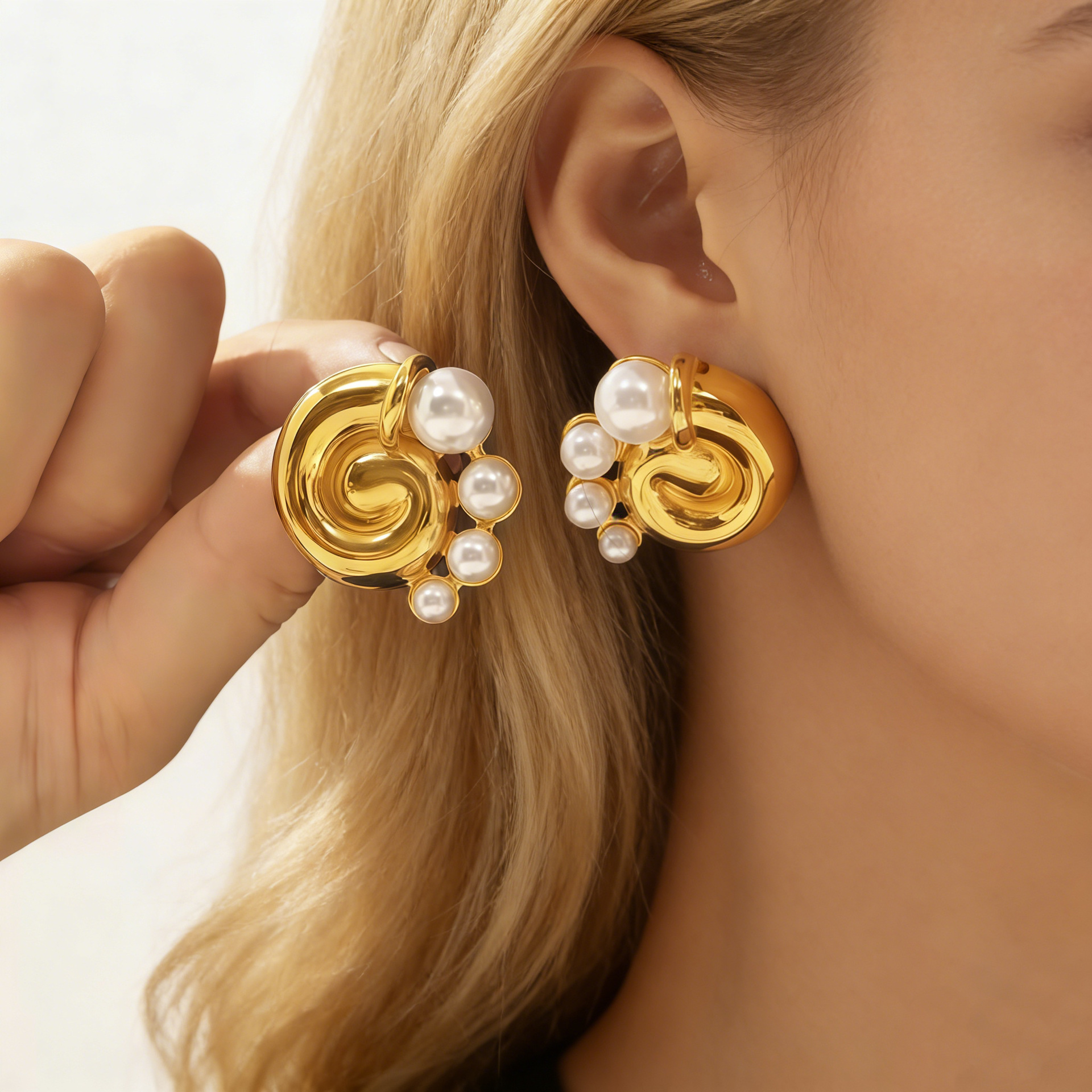 Artisan Swirl & Teardrop Pearl Stud Earrings - Minimalist Luxury Titanium Steel Jewelry