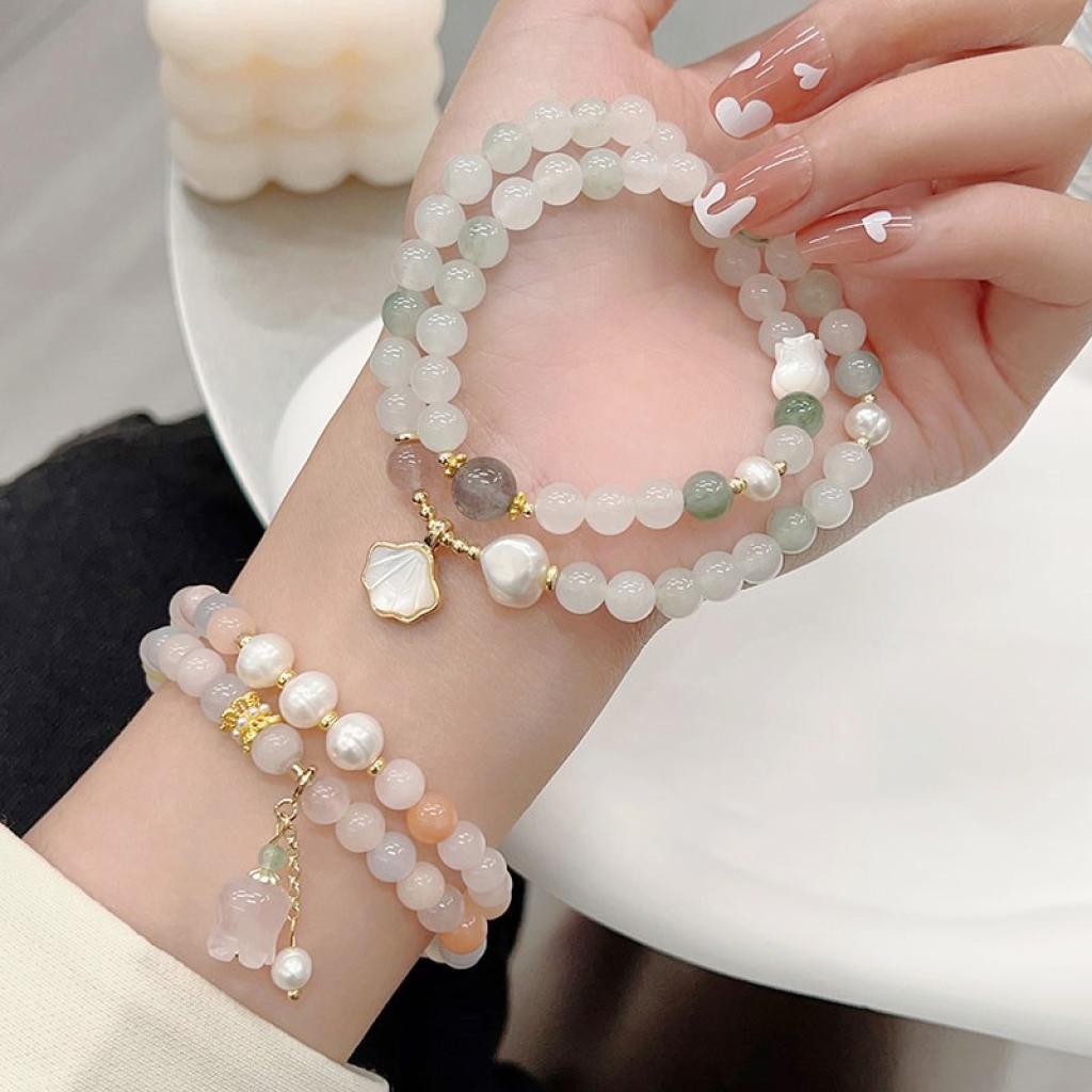 Ethereal Double-Layer Natural Stone Bracelet - Tianshan Jade & Morganite Beaded Wrap