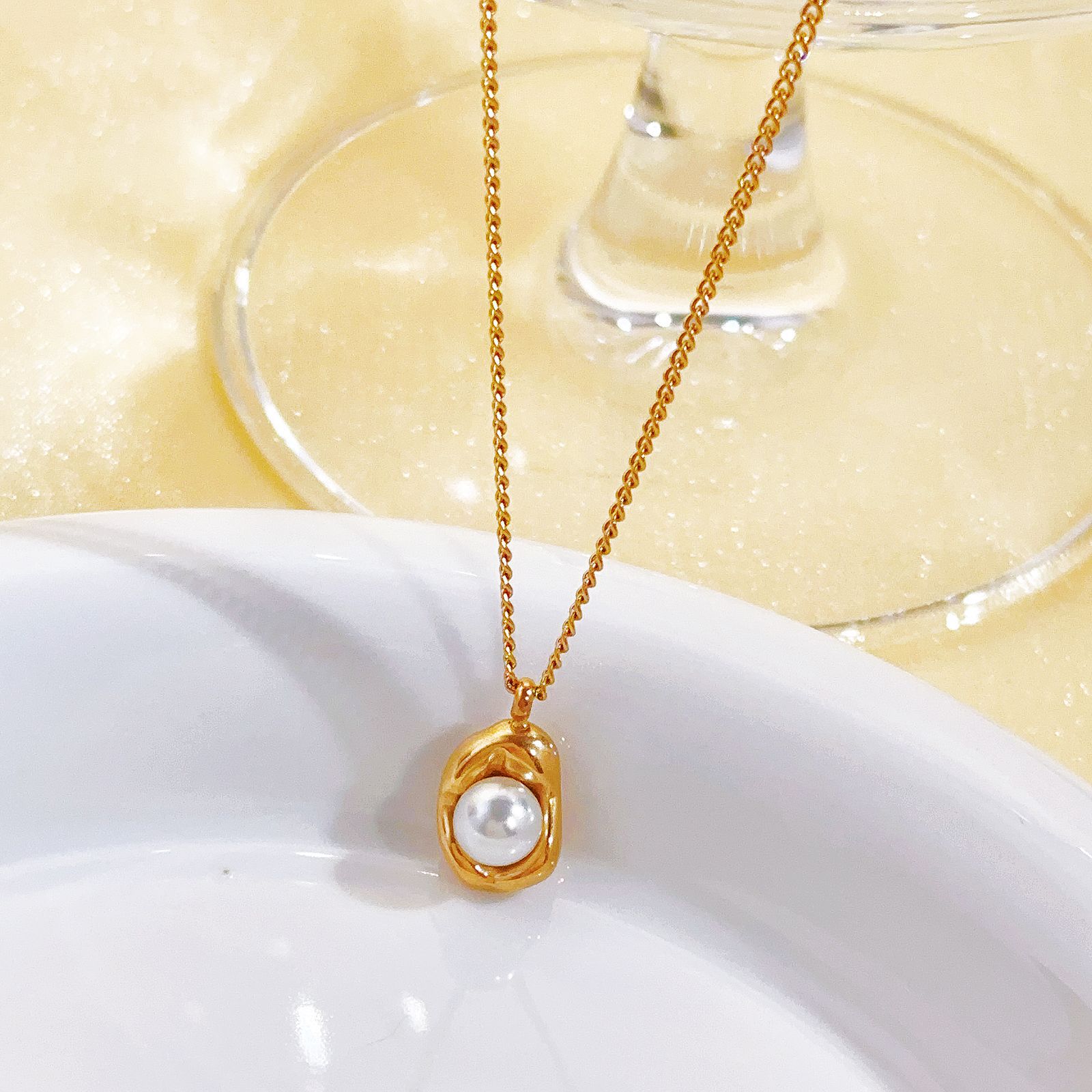 French Minimalist Pearl Necklace & Stud Earrings - Titanium Steel Chain in Gold & Maillard Tones
