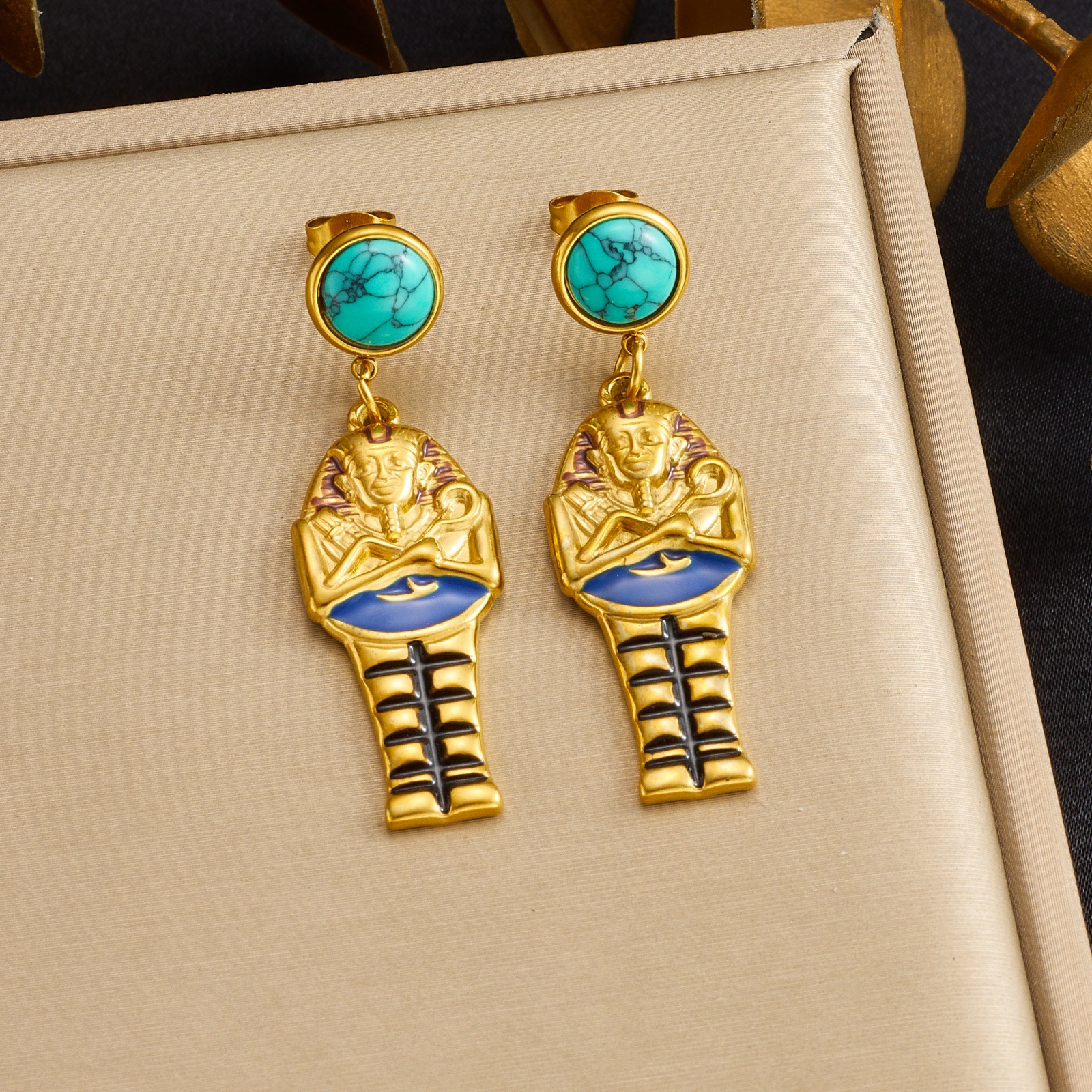Ancient Egyptian Sarcophagus Dangle Earrings - Gold Plated Stainless Steel