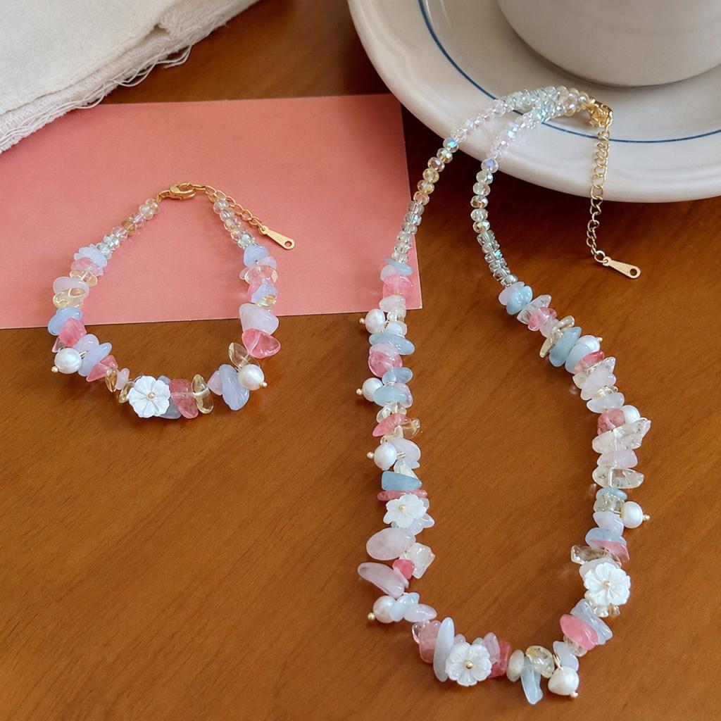 Dopamine Natural Gemstone Flower Jewelry - Rose Quartz, Aquamarine & Citrine Blossom Necklace & Bracelet Set