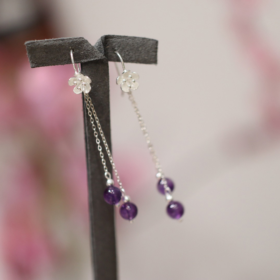 Natural Amethyst Long Drop Earrings - 925 Sterling Silver Dangle Earrings with Purple Crystal for Women