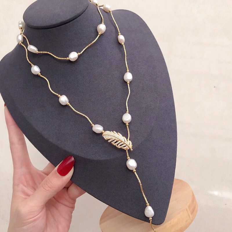 14K Gold Vermeil Baroque Pearl & Feather Pendant Necklace - Versatile Long Chain
