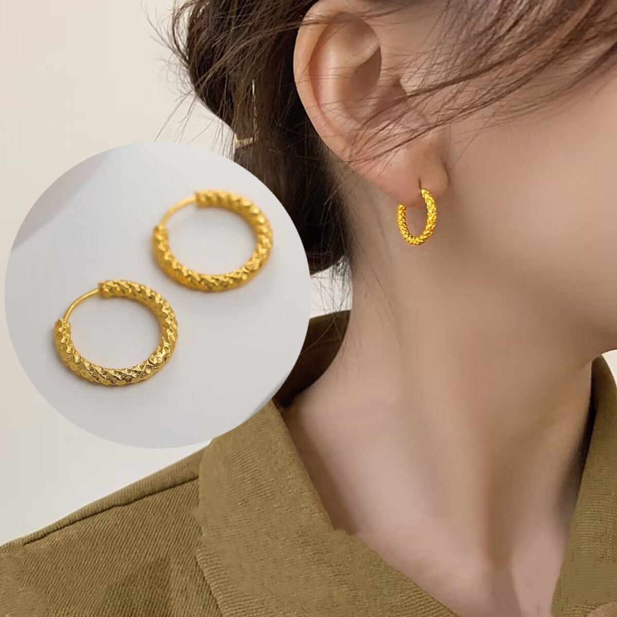 French Chic Crushed Silver Hoop Earrings - Textured 'Starry Sky' Titanium Steel Huggies in Deep Gold | Hypoallergenic & Tarnish-Resistant