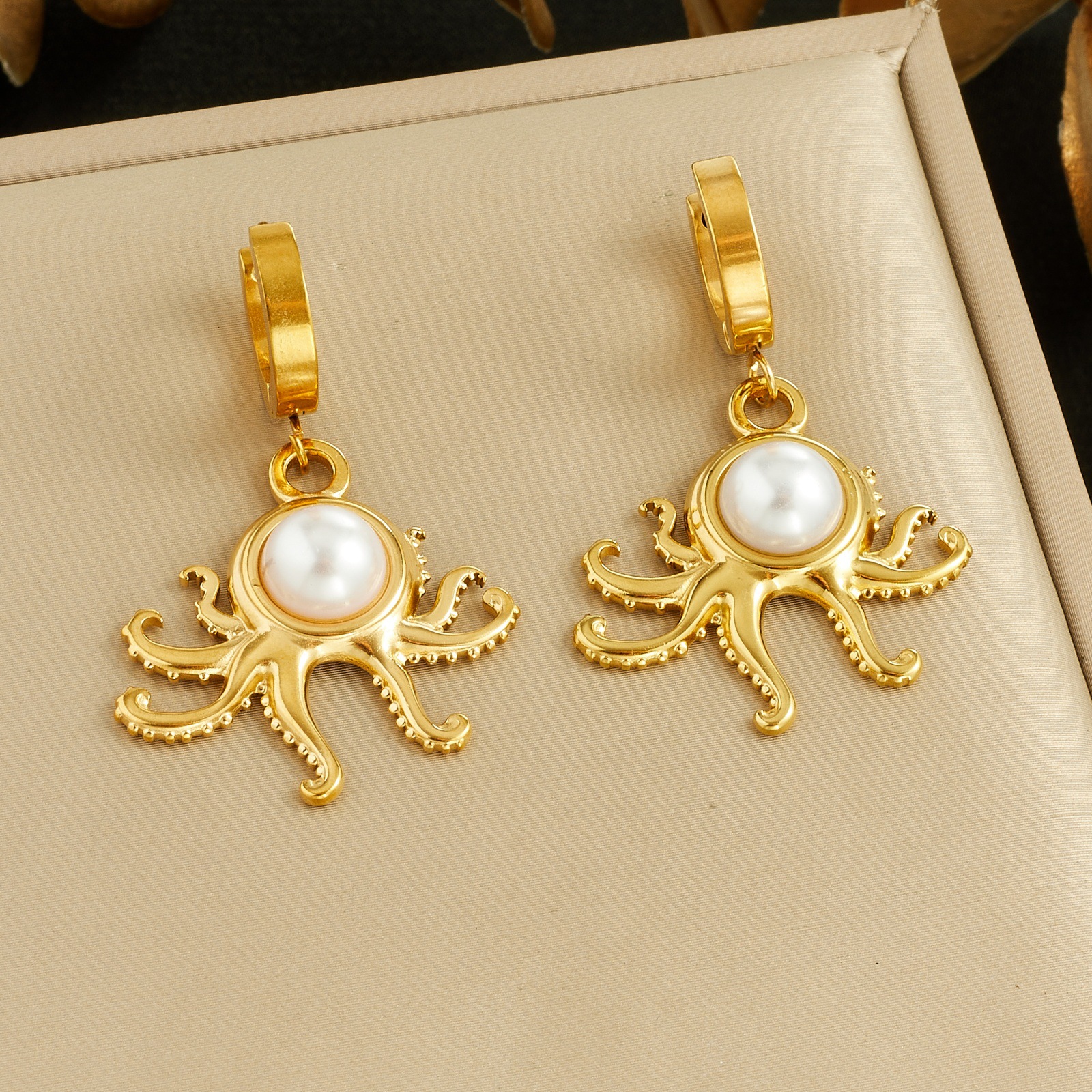 Gold Plated Octopus Dangle Earrings - Stainless Steel with Pearl