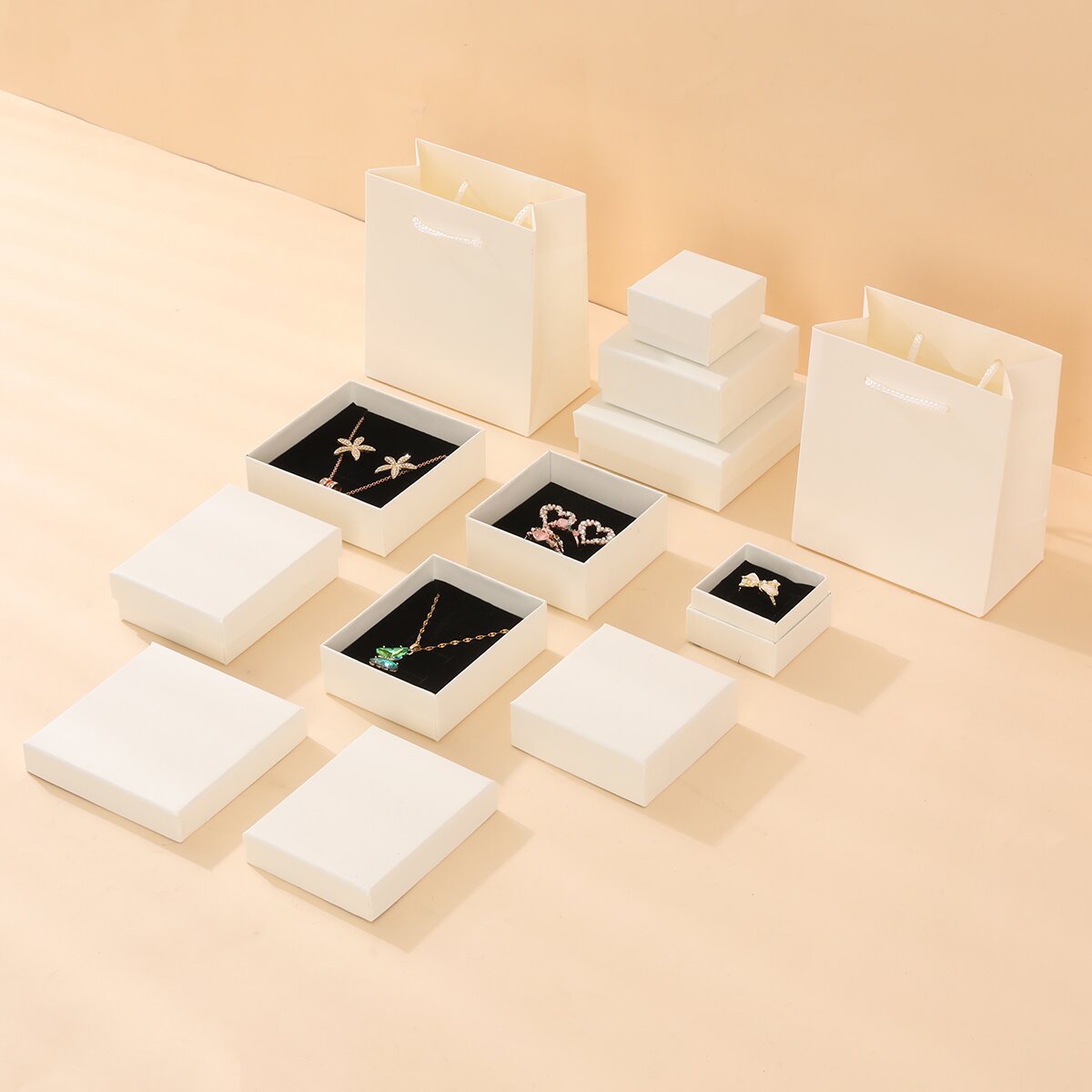 Customizable White Jewelry Box Set - Ring & Necklace Packaging with Free Logo Printing