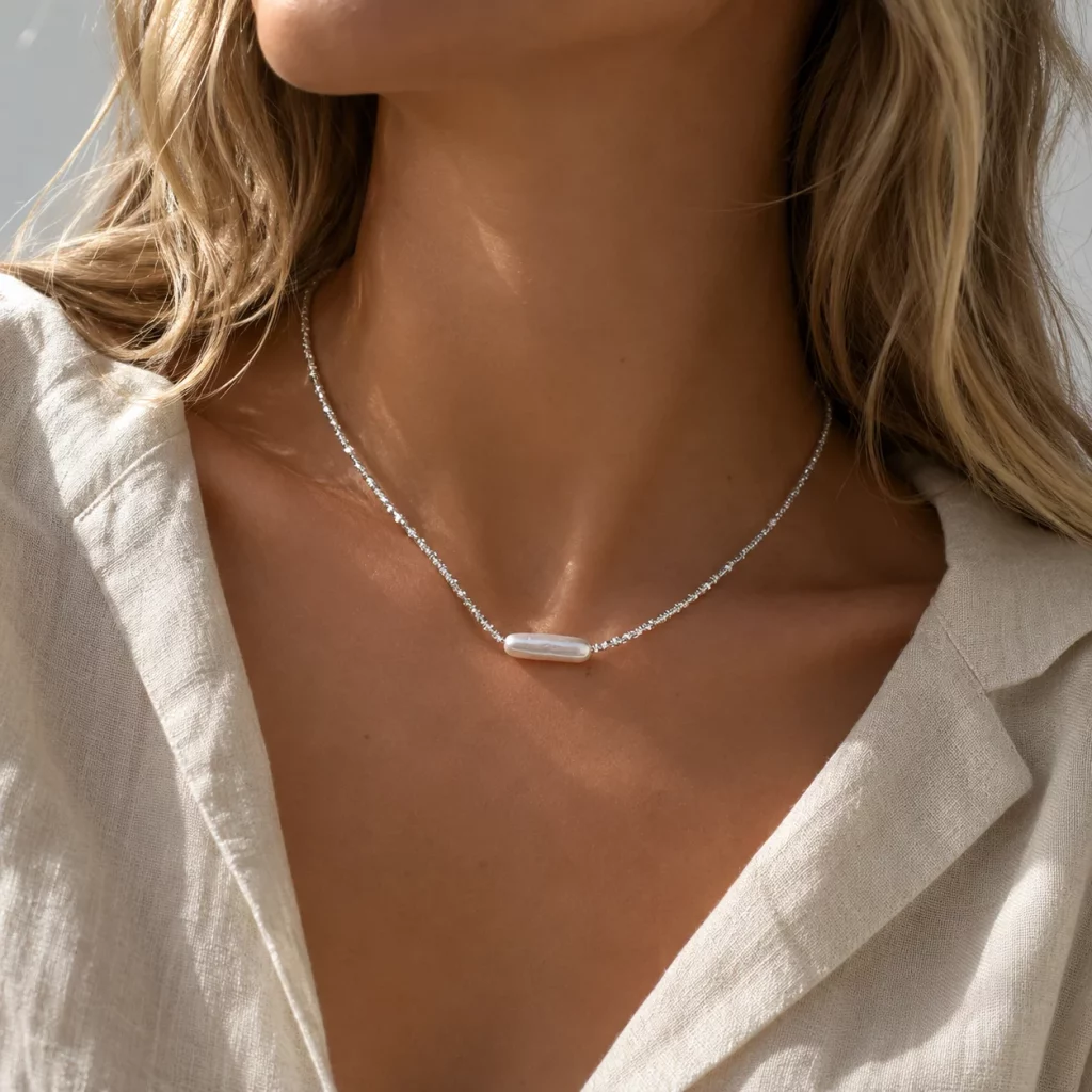 S925 Sterling Silver Baroque Pearl & Crushed Silver Necklace