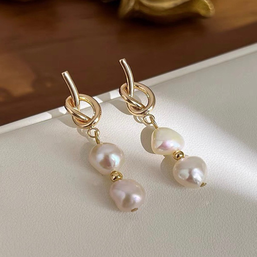Baroque Freshwater Pearl Drop Earrings with Knotted Stud - Gold