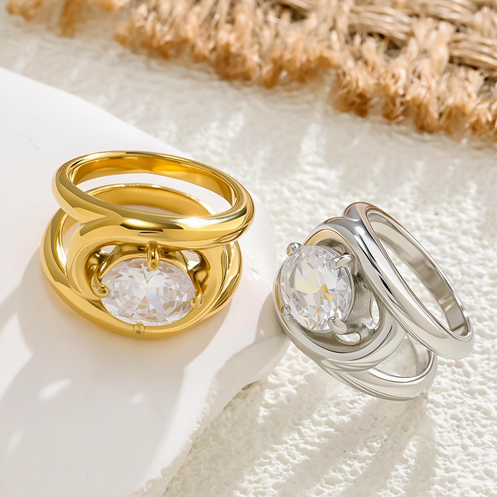 Elegant Oval Solitaire Ring - Minimalist Single Stone Design in Gold or Silver Tone Stainless Steel