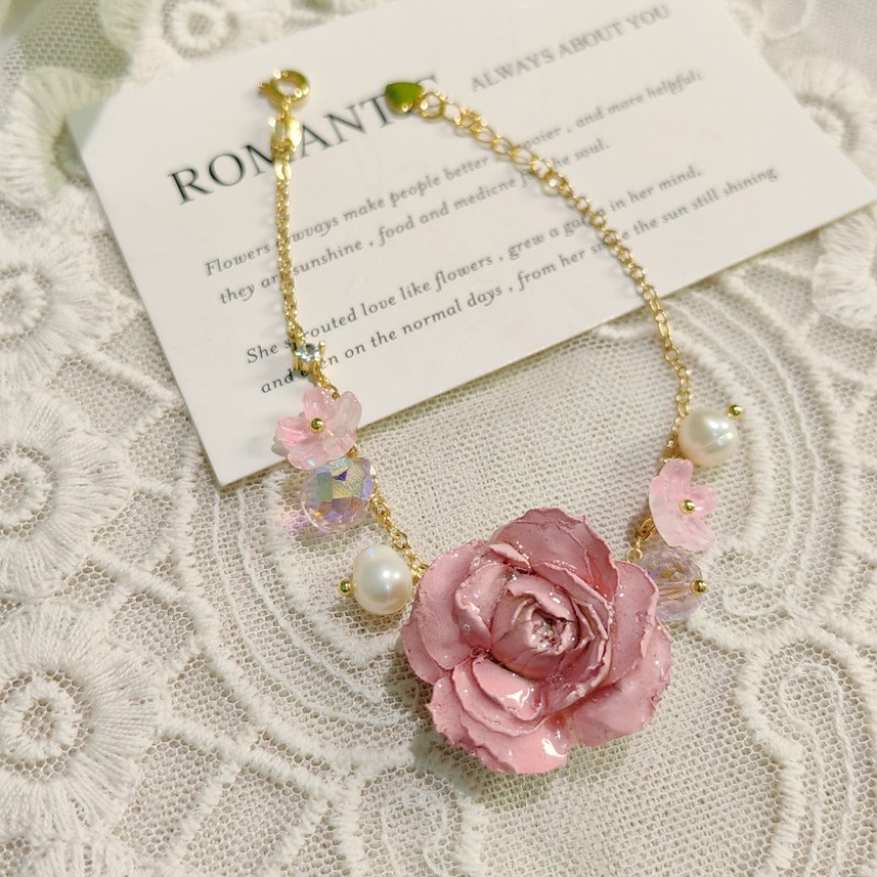 Crystal Rose & Freshwater Pearl Bracelet - Preserved Floral Jewelry