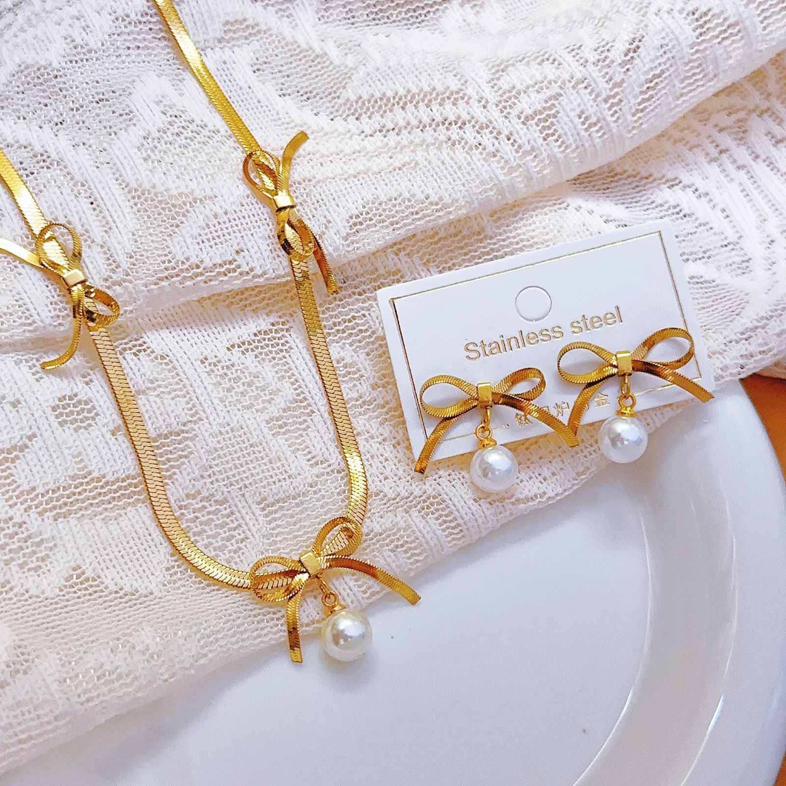 Vintage Bow & Pearl Clavicle Necklace Set - Gold & Silver Tone Titanium Steel | Timeless Elegant Jewelry