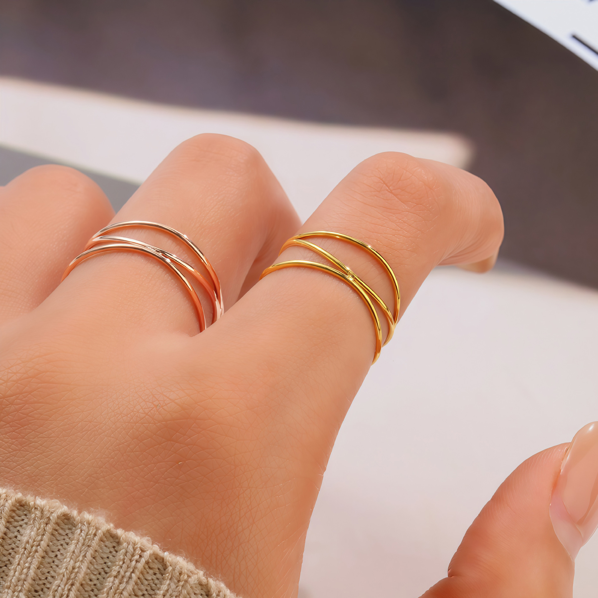 Delicate French-Style Multi-Line Ring - Interwoven Thin Bands in 18K Gold or Rose Gold Tone Stainless Steel