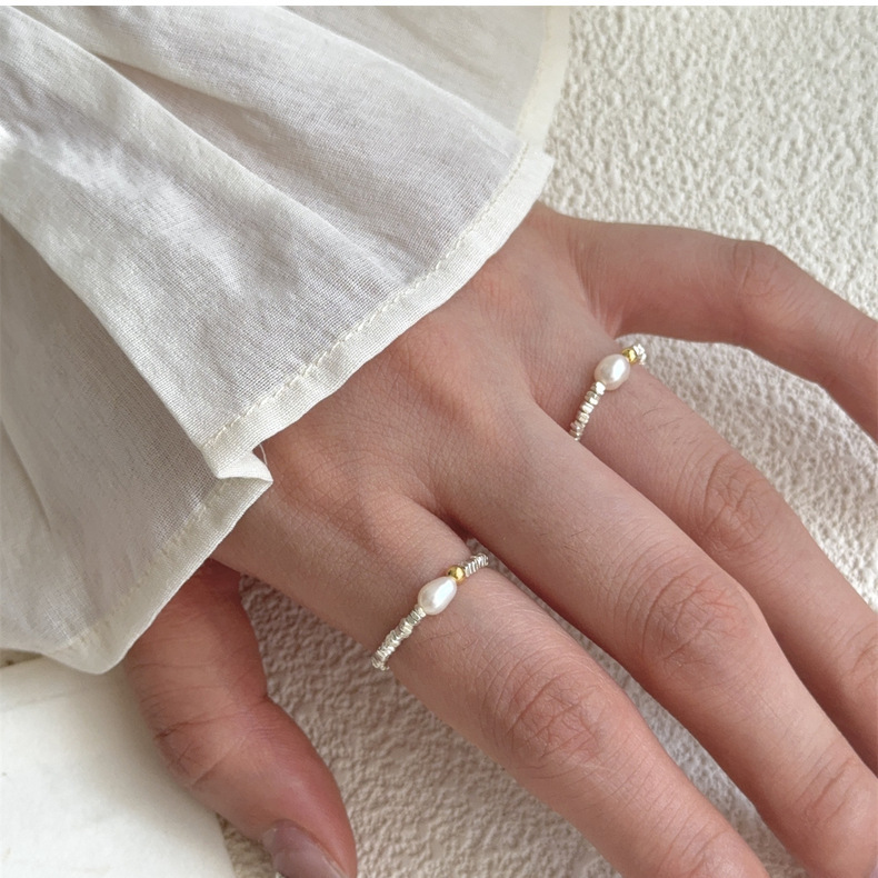S925 Sterling Silver 'Rice Grain' & Freshwater Pearl Ring