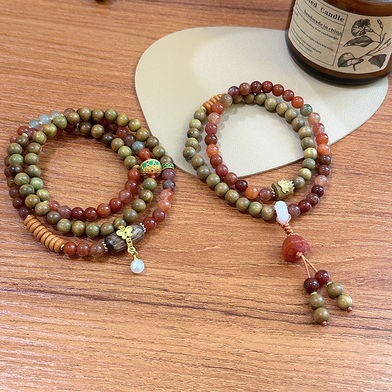 Natural Red Rabbit Hair Quartz & Green Sandalwood Multi-Wrap Bracelet - Bohemian Lotus Seed Wristband